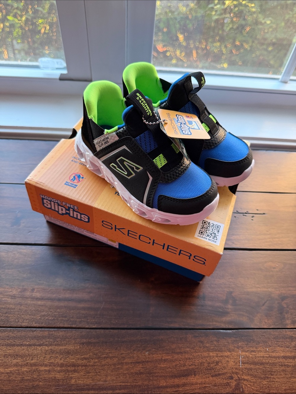 Skechers Kids Blue and Black Slip-Ins Sneakers with Neon Green Accents